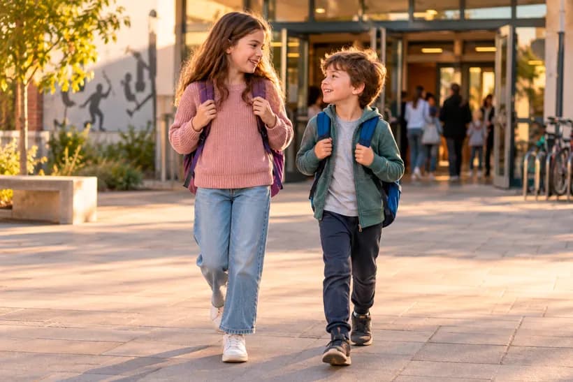 Dos hermanos saliendo juntos de una actividad extraescolar con sus mochilas