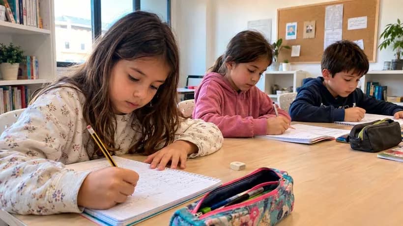 Niña de primaria haciendo deberes en una mesa de una academia de refuerzo escolar junto a otros dos alumnos