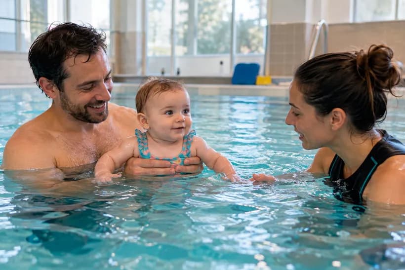 Bebé en el agua sujeto por un adulto durante una sesión de matronatación en una piscina cubierta con el monitor dentro del vaso