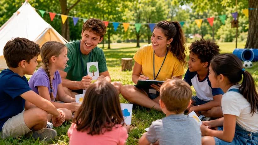 Niños y monitores practicando inglés en actividades al aire libre durante un campamento de verano